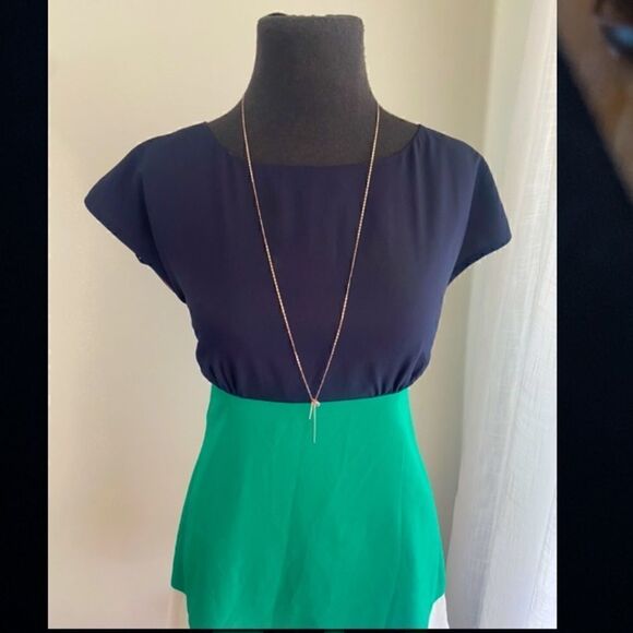 ELIZA J Colorblock Bold Striped Silk Crêpe de Chine Dress Navy Green Size 6 - Picture 5 of 12
